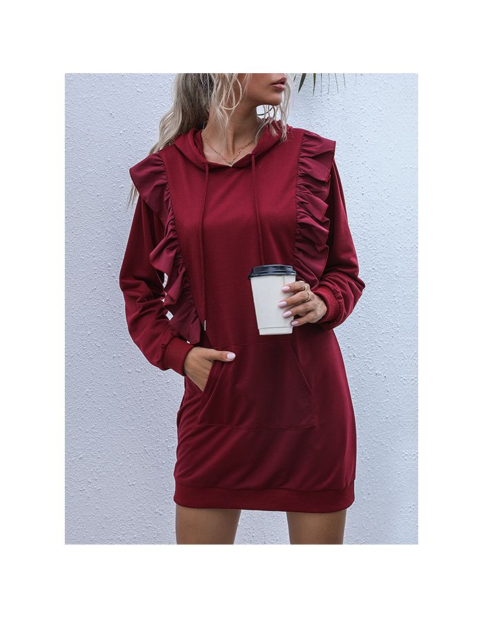Women Fall Winter Long Sleeve Hooded Ruffled Solid Color Short Sweatshirt Dress