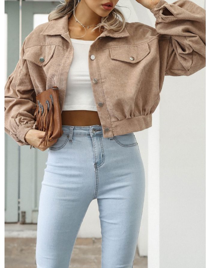 Fall Winter New Casual Lapel Corduroy Jacket Lantern Sleeve Single Breasted Women Short Coat